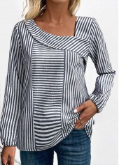 Navy tops,White tops,Striped tops,Geometric tops,ROTITA Asymmetry Striped Navy Asymmetrical Neck Long Sleeve Blouse