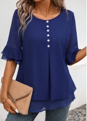 Navy tops,Plain Color tops,ROTITA Layered Navy Round Neck Short Sleeve Blouse