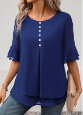 Navy tops,Plain Color tops,ROTITA Layered Navy Round Neck Short Sleeve Blouse
