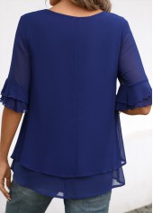 Navy tops,Plain Color tops,ROTITA Layered Navy Round Neck Short Sleeve Blouse