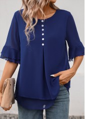 Navy tops,Plain Color tops,ROTITA Layered Navy Round Neck Short Sleeve Blouse