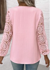 Light Pink tops,Plain Color tops,ROTITA Embroidery Light Pink V Neck Long Sleeve Blouse