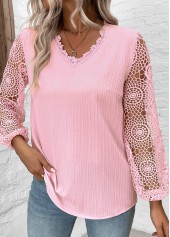 Light Pink tops,Plain Color tops,ROTITA Embroidery Light Pink V Neck Long Sleeve Blouse