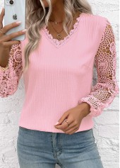 Light Pink tops,Plain Color tops,ROTITA Embroidery Light Pink V Neck Long Sleeve Blouse