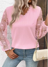 Light Pink tops,Plain Color tops,ROTITA Embroidery Light Pink V Neck Long Sleeve Blouse