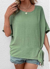 Green tops,Plain Color tops,Bowknot Green Round Neck Half Sleeve Blouse
