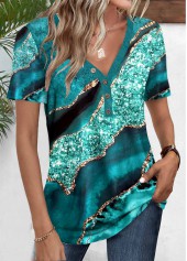 Turquoise plus size,Marble plus size,ROTITA Plus Size Button Turquoise Marble Print T Shirt