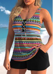 Multi Color swimwear,Rainbow Color swimwear,Tribal swimwear,ROTITA Lace Up Multi Color Tribal Print Tankini Set