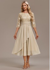 Champagne dresses,Plain Color dresses,Party dresses,Elegant dresses,ROTITA Embroidery Champagne Round Neck 3/4 Sleeve Dress