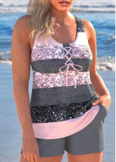 Grey swimwear,Striped swimwear,Geometric swimwear,ROTITA Lace Up Grey Multi Stripe Print Tankini Set