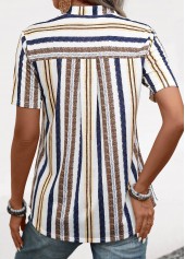 Yellow tops,Navy tops,Striped tops,Geometric tops,ROTITA Lightweight Striped Yellow Split Neck Short Sleeve Blouse