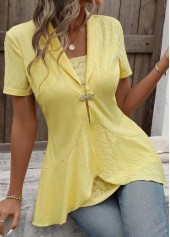 Yellow tops,Plain Color tops,ROTITA Patchwork Yellow Square Neck Fake Two Piece Twinset