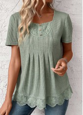 Sage Green tops,Plain Color tops,ROTITA Lace Sage Green Square Neck Short Sleeve T Shirt