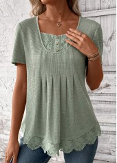 Sage Green tops,Plain Color tops,ROTITA Lace Sage Green Square Neck Short Sleeve T Shirt