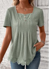 Sage Green tops,Plain Color tops,ROTITA Lace Sage Green Square Neck Short Sleeve T Shirt