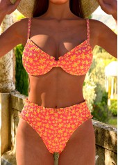 Rotita – gesmoktes Bikini-Set in Korallenrot mit kleinem Blumenmuster