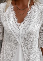 White tops,Plain Color tops,ROTITA Patchwork White V Neck Half Sleeve Blouse