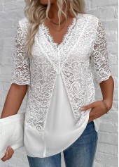 White tops,Plain Color tops,ROTITA Patchwork White V Neck Half Sleeve Blouse