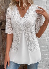 ROTITA Patchwork White V Neck Half Sleeve Blouse