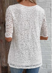 White tops,Plain Color tops,ROTITA Patchwork White V Neck Half Sleeve Blouse