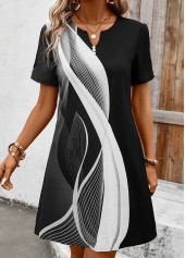 White dresses,Black dresses,Geometric dresses,Everyday dresses,Casual dresses,Button Geometric Print White Split Neck Short Sleeve Dress