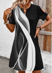 White dresses,Black dresses,Geometric dresses,Everyday dresses,Casual dresses,Button Geometric Print White Split Neck Short Sleeve Dress