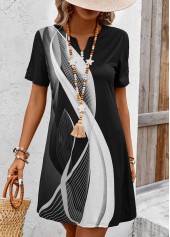 White dresses,Black dresses,Geometric dresses,Everyday dresses,Casual dresses,Button Geometric Print White Split Neck Short Sleeve Dress