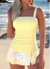 Light Yellow swimwear,Floral swimwear,Plants swimwear,ROTITA Split Light Yellow Floral Print Tankini Set