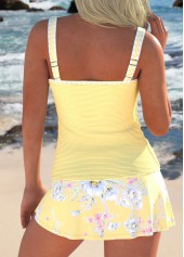 Light Yellow swimwear,Floral swimwear,Plants swimwear,ROTITA Split Light Yellow Floral Print Tankini Set