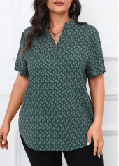 Turquoise plus size,Geometric plus size,Split Geometric Print Turquoise Short Sleeve Blouse