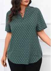 Turquoise plus size,Geometric plus size,Split Geometric Print Turquoise Short Sleeve Blouse