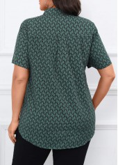 Turquoise plus size,Geometric plus size,Split Geometric Print Turquoise Short Sleeve Blouse