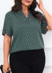 Turquoise plus size,Geometric plus size,Split Geometric Print Turquoise Short Sleeve Blouse