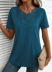 Peacock Blue tops,Plain Color tops,Embroidery Peacock Blue V Neck Short Sleeve T Shirt