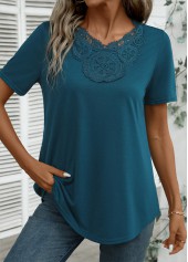 Peacock Blue tops,Plain Color tops,Embroidery Peacock Blue V Neck Short Sleeve T Shirt