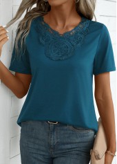 Peacock Blue tops,Plain Color tops,Embroidery Peacock Blue V Neck Short Sleeve T Shirt