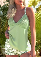 Light Green plus size,Floral plus size,Plants plus size,ROTITA Plus Size Frill Floral Print Light Green Tankini Set