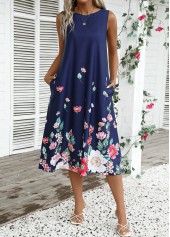 Navy dresses,Floral dresses,Plants dresses,Party dresses,Elegant dresses,ROTITA Breathable Floral Print Navy A Line Round Neck Dress