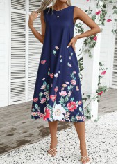 Navy dresses,Floral dresses,Plants dresses,Party dresses,Elegant dresses,ROTITA Breathable Floral Print Navy A Line Round Neck Dress