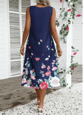 Navy dresses,Floral dresses,Plants dresses,Party dresses,Elegant dresses,ROTITA Breathable Floral Print Navy A Line Round Neck Dress