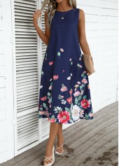 Rotita atmungsaktives florales Kleid mit Rundhalsausschnitt in Marineblau A-Linie