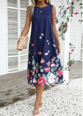 Navy dresses,Floral dresses,Plants dresses,Party dresses,Elegant dresses,ROTITA Breathable Floral Print Navy A Line Round Neck Dress