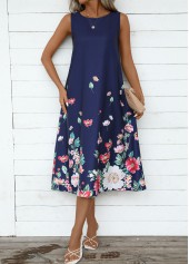 Navy dresses,Floral dresses,Plants dresses,Party dresses,Elegant dresses,ROTITA Breathable Floral Print Navy A Line Round Neck Dress