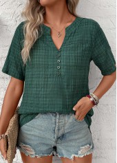Blackish Green tops,Plaid tops,ROTITA Button Plaid Blackish Green Split Neck Short Sleeve Blouse