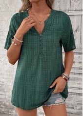Blackish Green tops,Plaid tops,ROTITA Button Plaid Blackish Green Split Neck Short Sleeve Blouse