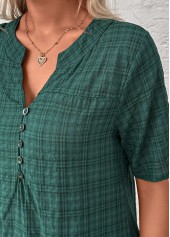 Blackish Green tops,Plaid tops,ROTITA Button Plaid Blackish Green Split Neck Short Sleeve Blouse