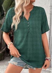 ROTITA Button Plaid Blackish Green Split Neck Short Sleeve Blouse