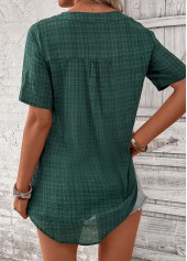 Blackish Green tops,Plaid tops,ROTITA Button Plaid Blackish Green Split Neck Short Sleeve Blouse