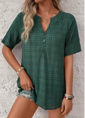 Blackish Green tops,Plaid tops,ROTITA Button Plaid Blackish Green Split Neck Short Sleeve Blouse