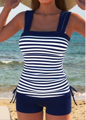 Navy swimwear,Striped swimwear,Geometric swimwear,ROTITA Patchwork Navy Striped Drawstring Tankini Set